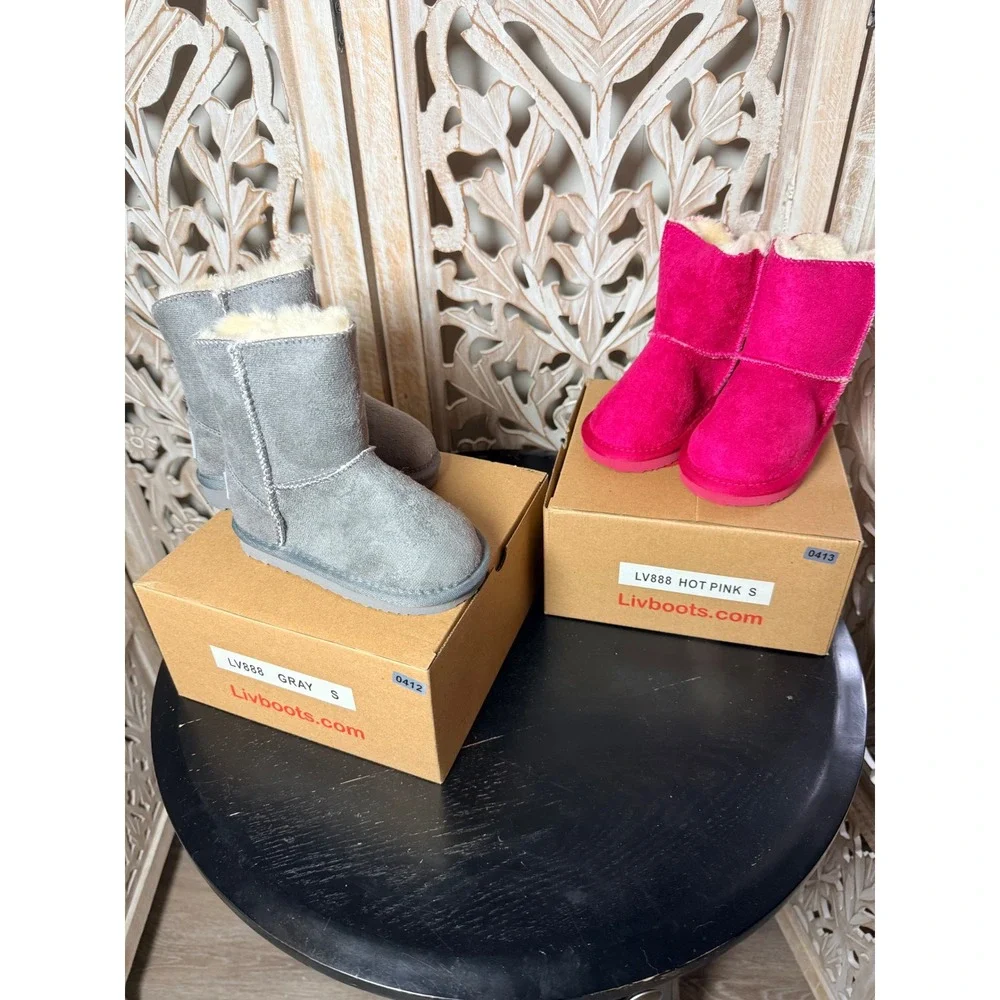 Livboots Kids LV888 Faux Suede Fur Lined Winter Boots Gray Hot Pink Size S NEW